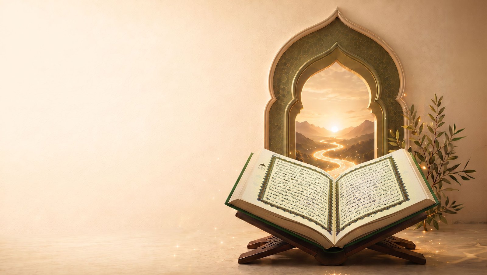 Your Path To The Quran Begins Here — Open Quran with a glowing path through an Islamic arch